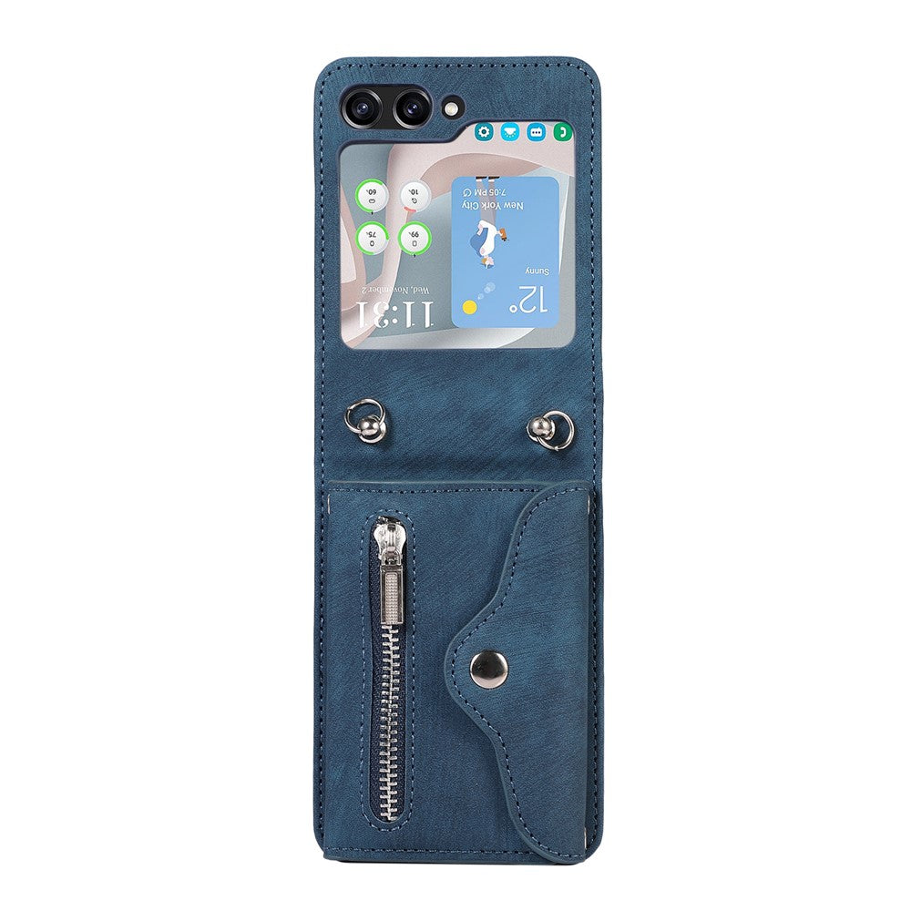 For Samsung Galaxy Z Flip7 5G Cell Phone Case PU Leather + TPU RFID Blocking Card Slots Cover with 2 Straps - Blue
