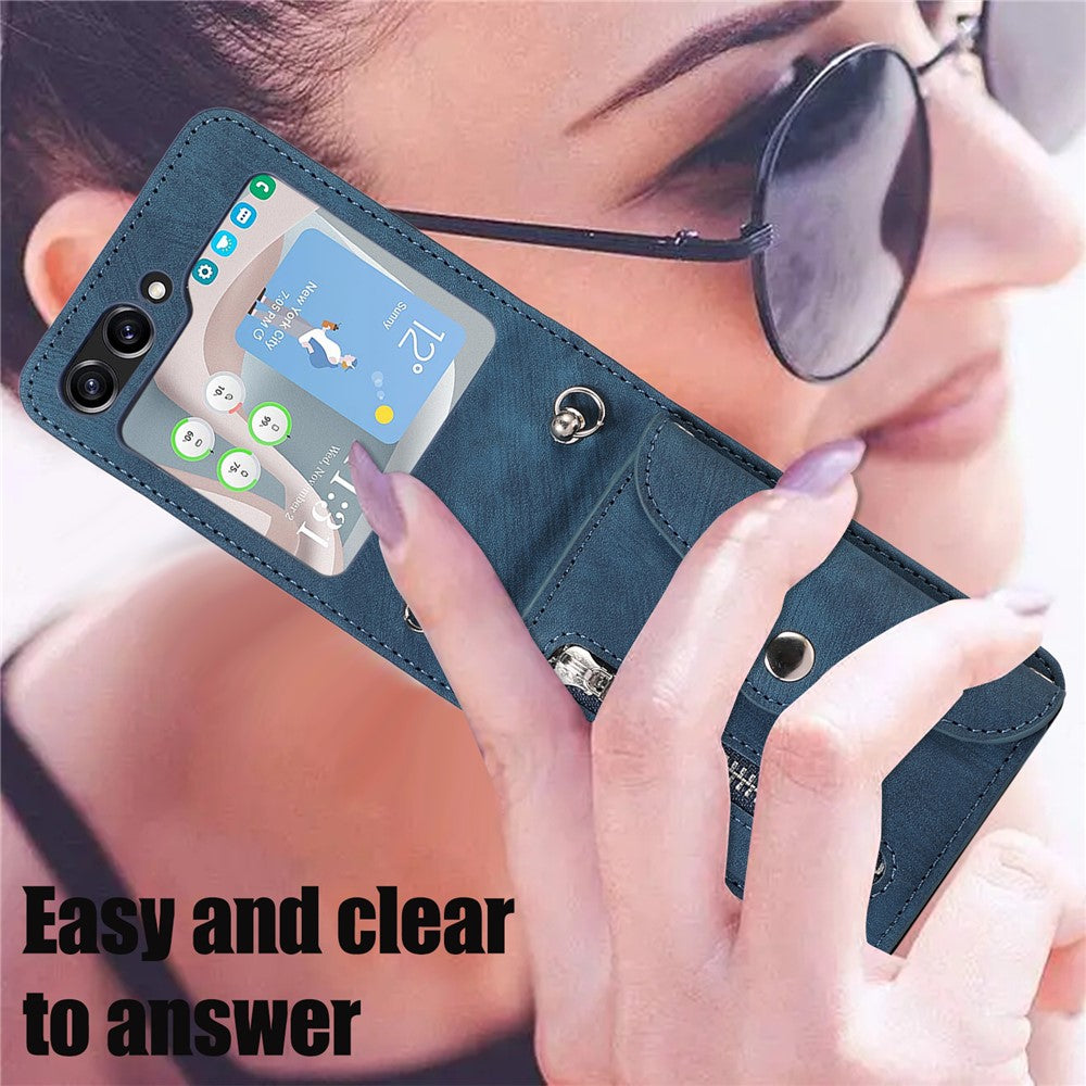 For Samsung Galaxy Z Flip7 5G Cell Phone Case PU Leather + TPU RFID Blocking Card Slots Cover with 2 Straps - Blue
