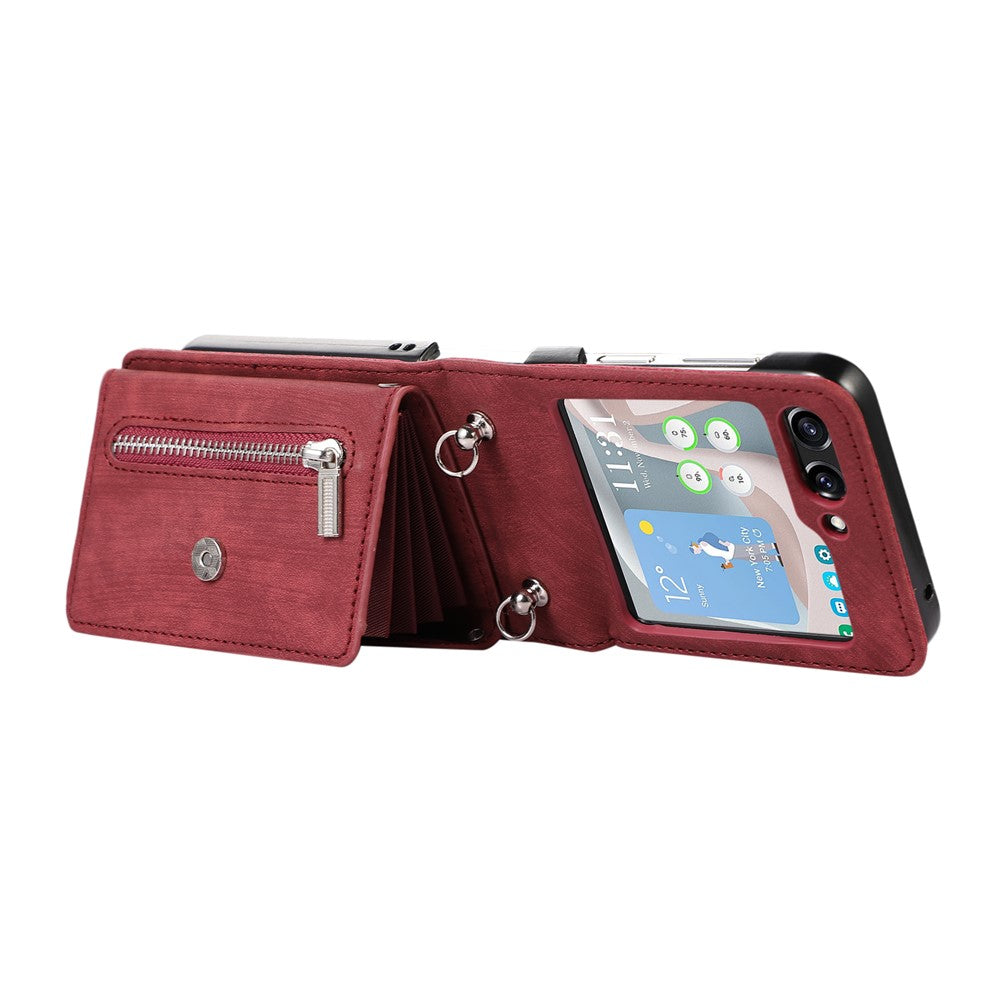 For Samsung Galaxy Z Flip7 5G Cell Phone Case PU Leather + TPU RFID Blocking Card Slots Cover with 2 Straps - Red