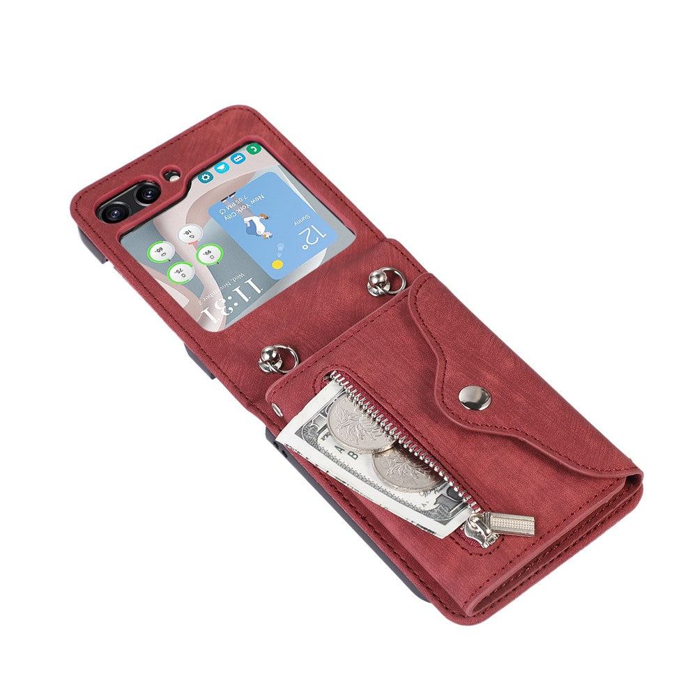 For Samsung Galaxy Z Flip7 5G Cell Phone Case PU Leather + TPU RFID Blocking Card Slots Cover with 2 Straps - Red