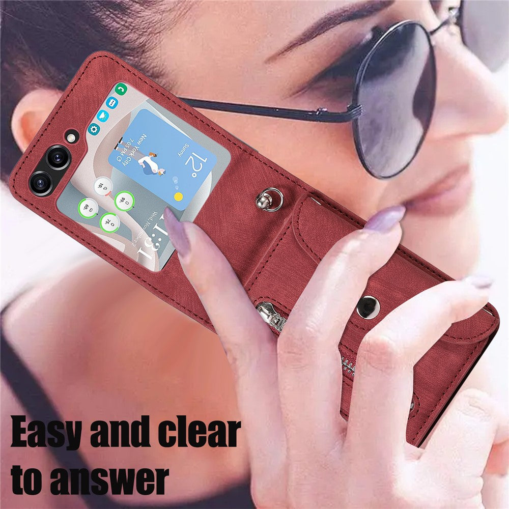 For Samsung Galaxy Z Flip7 5G Cell Phone Case PU Leather + TPU RFID Blocking Card Slots Cover with 2 Straps - Red