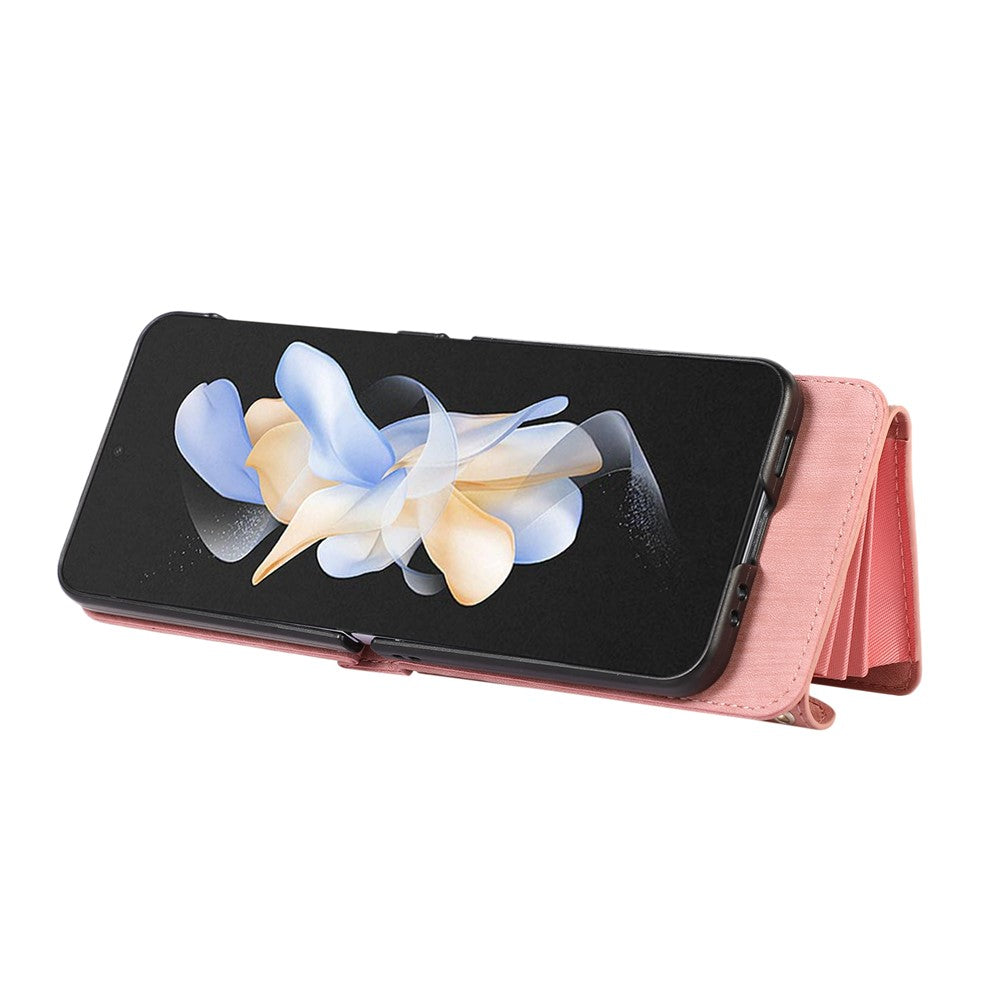 For Samsung Galaxy Z Flip7 5G Cell Phone Case PU Leather + TPU RFID Blocking Card Slots Cover with 2 Straps - Rose Gold