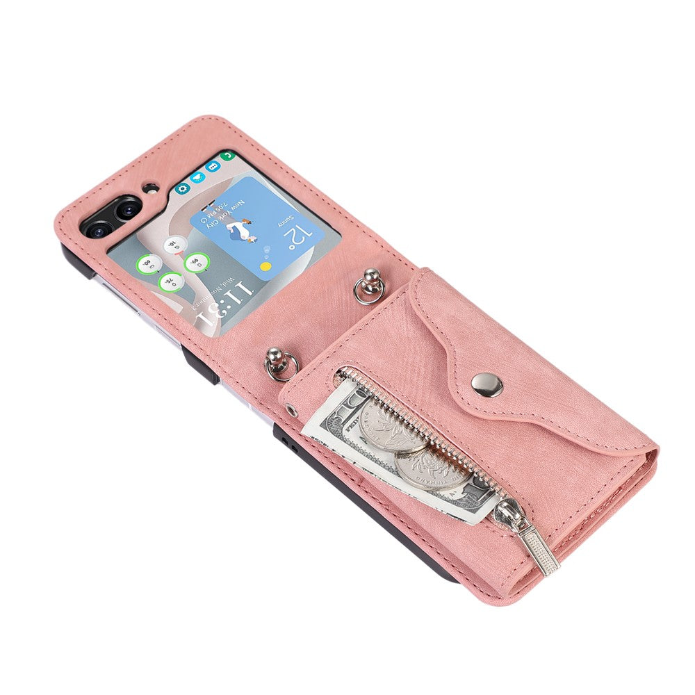 For Samsung Galaxy Z Flip7 5G Cell Phone Case PU Leather + TPU RFID Blocking Card Slots Cover with 2 Straps - Rose Gold