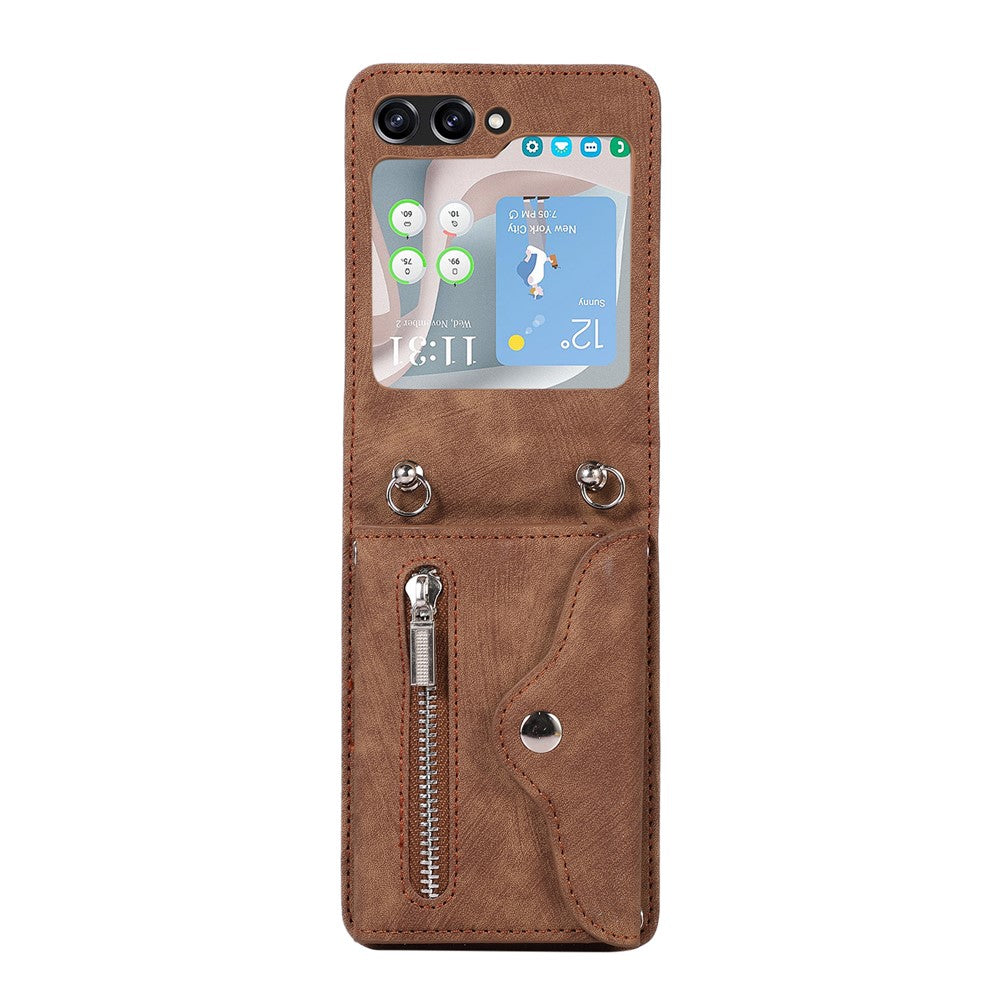 For Samsung Galaxy Z Flip7 5G Cell Phone Case PU Leather + TPU RFID Blocking Card Slots Cover with 2 Straps - Brown