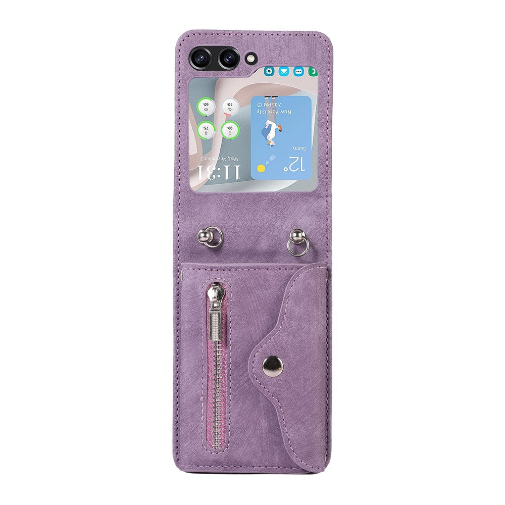 For Samsung Galaxy Z Flip7 5G Cell Phone Case PU Leather + TPU RFID Blocking Card Slots Cover with 2 Straps - Purple