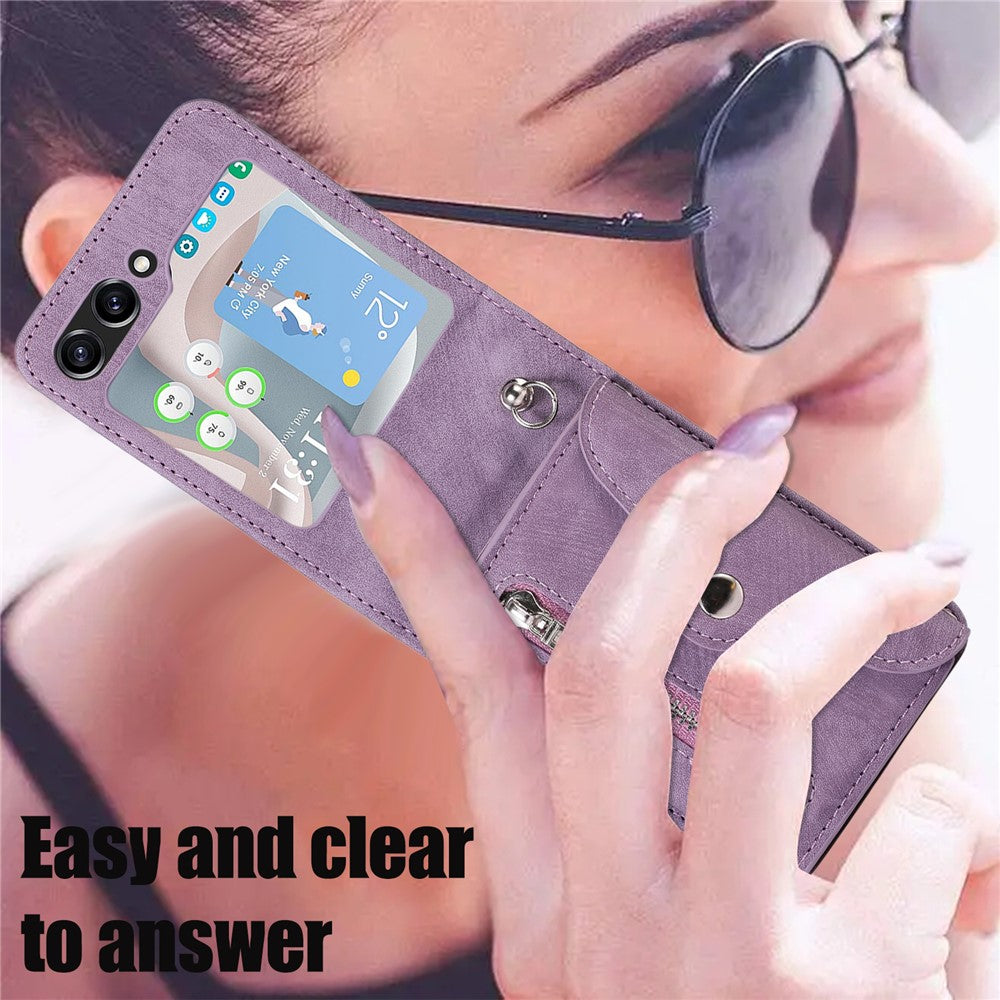 For Samsung Galaxy Z Flip7 5G Cell Phone Case PU Leather + TPU RFID Blocking Card Slots Cover with 2 Straps - Purple