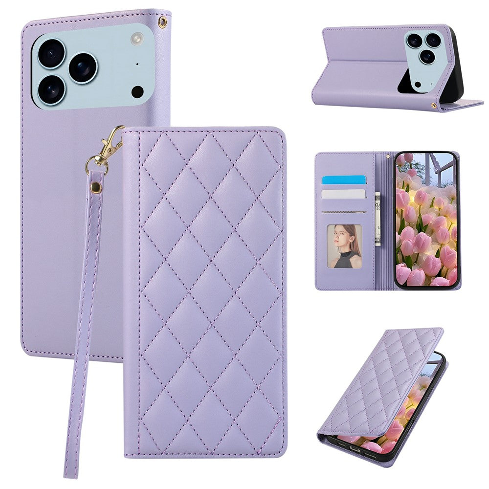 For iPhone 17 Pro Max Case RFID Blocking Wallet Stand Rhombus Leather Phone Cover with Wrist Strap - Purple