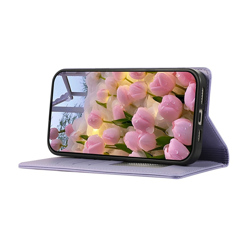 For iPhone 17 Pro Max Case RFID Blocking Wallet Stand Rhombus Leather Phone Cover with Wrist Strap - Purple