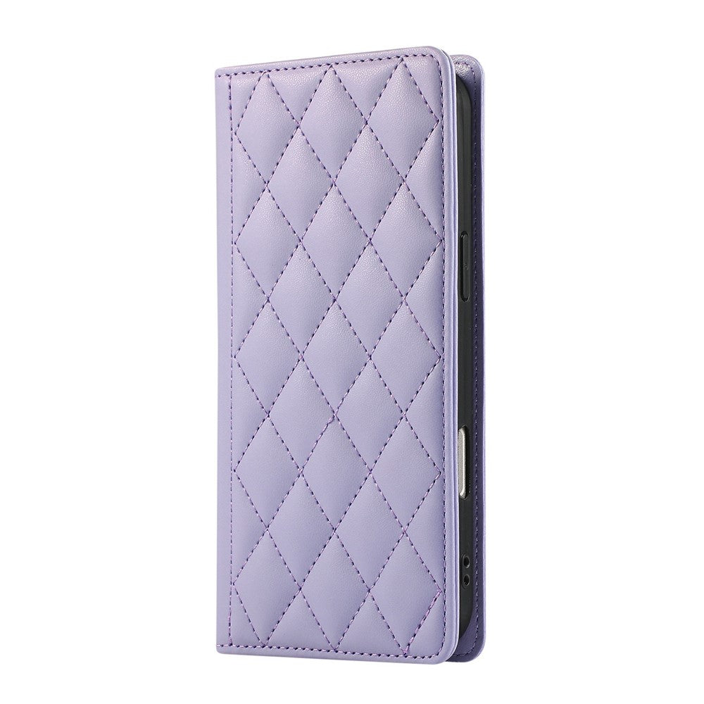 For iPhone 17 Pro Max Case RFID Blocking Wallet Stand Rhombus Leather Phone Cover with Wrist Strap - Purple