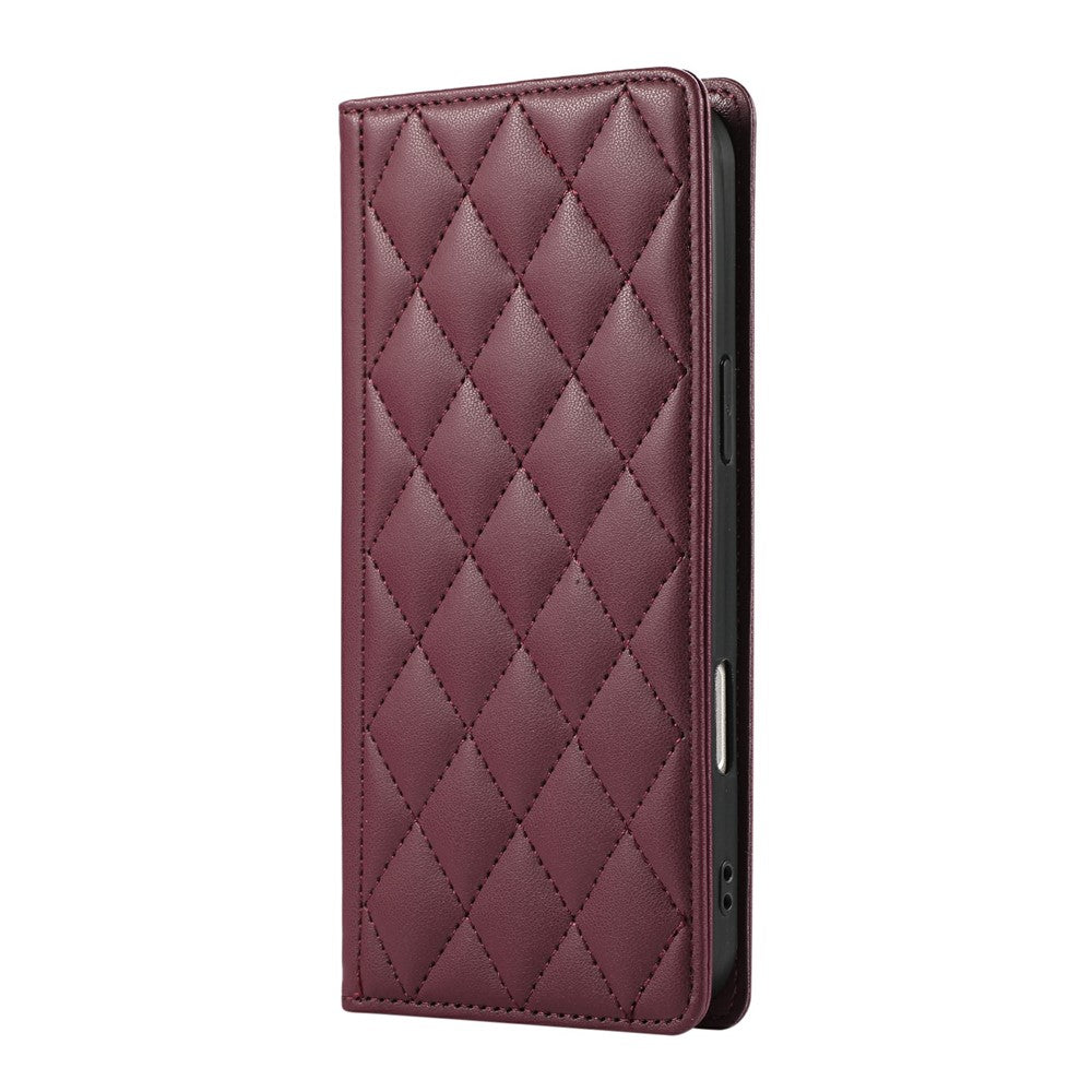 For iPhone 17 Pro Max Case RFID Blocking Wallet Stand Rhombus Leather Phone Cover with Wrist Strap - Red