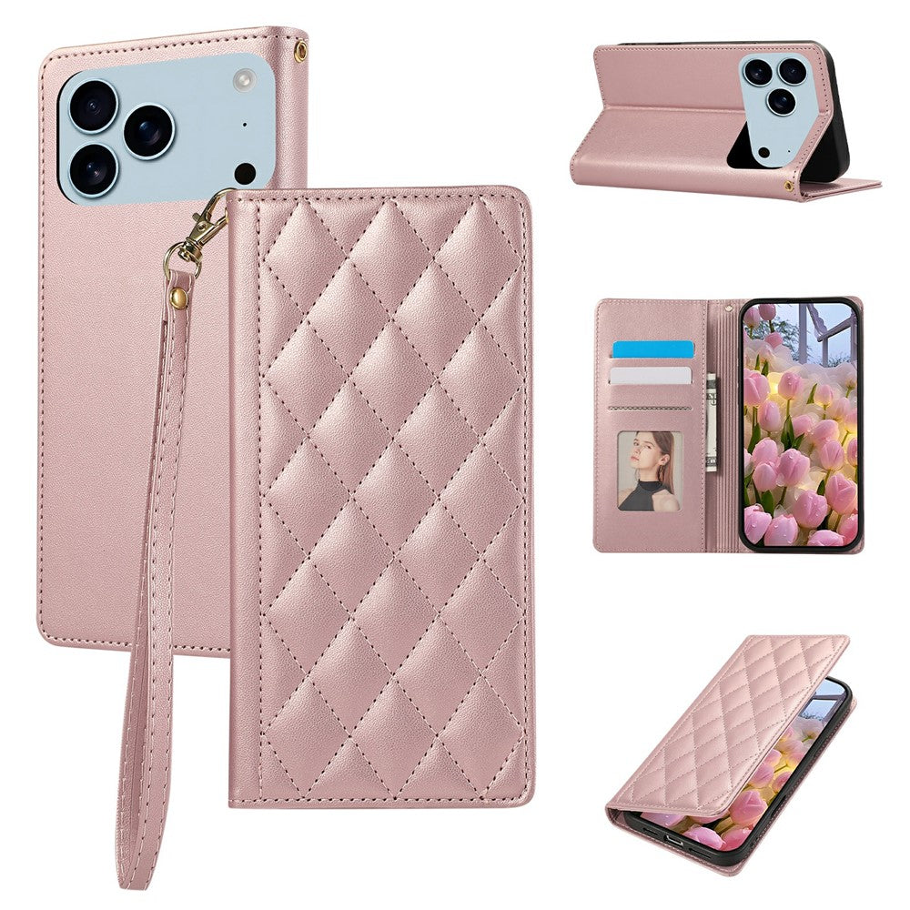 For iPhone 17 Pro Max Case RFID Blocking Wallet Stand Rhombus Leather Phone Cover with Wrist Strap - Rose Gold