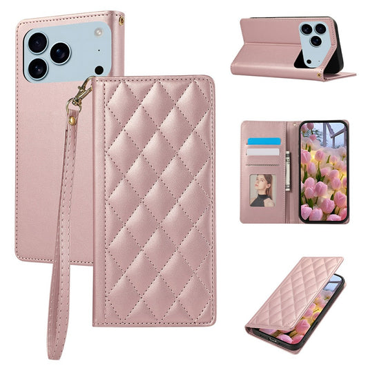 For iPhone 17 Pro Max Case RFID Blocking Wallet Stand Rhombus Leather Phone Cover with Wrist Strap - Rose Gold