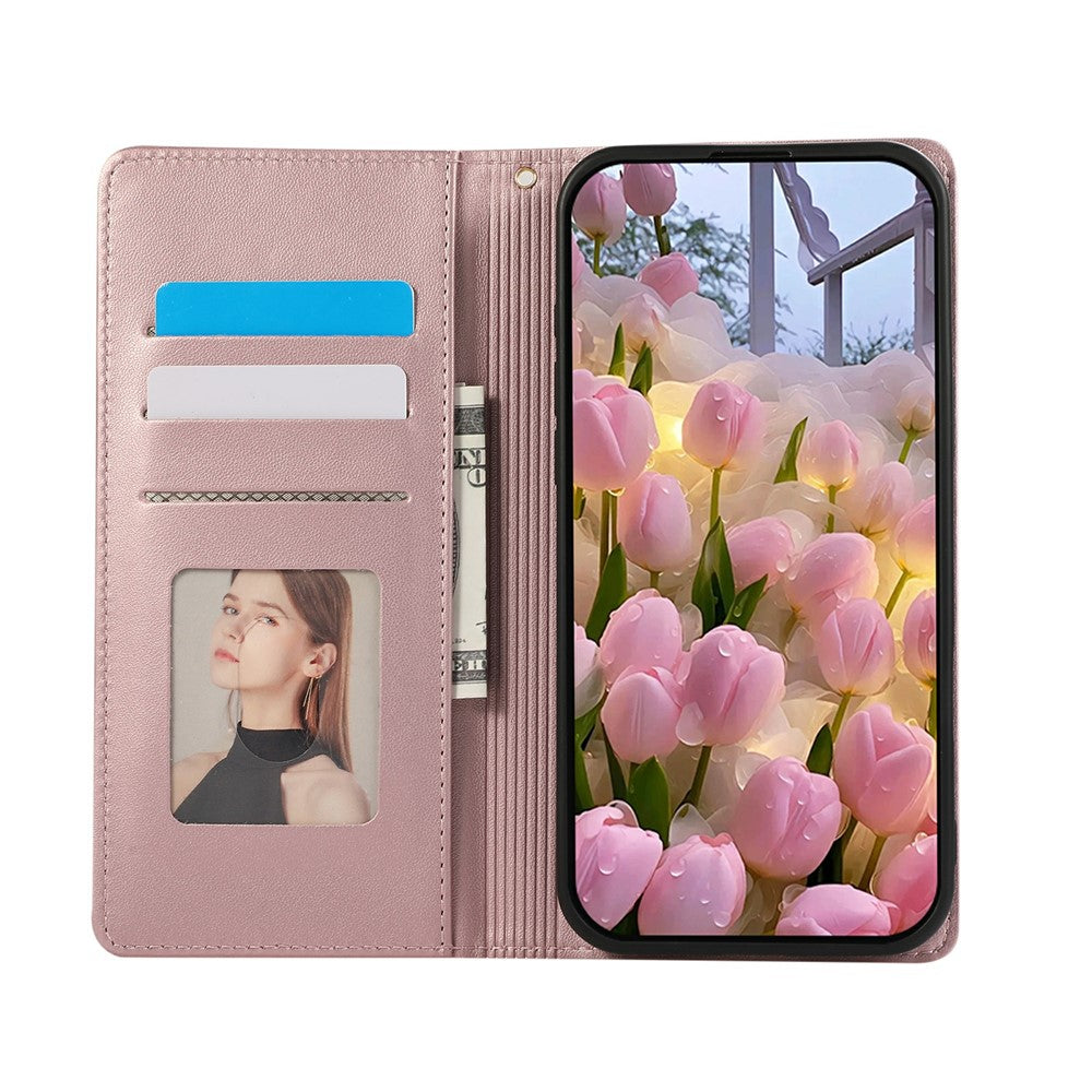 For iPhone 17 Pro Max Case RFID Blocking Wallet Stand Rhombus Leather Phone Cover with Wrist Strap - Rose Gold