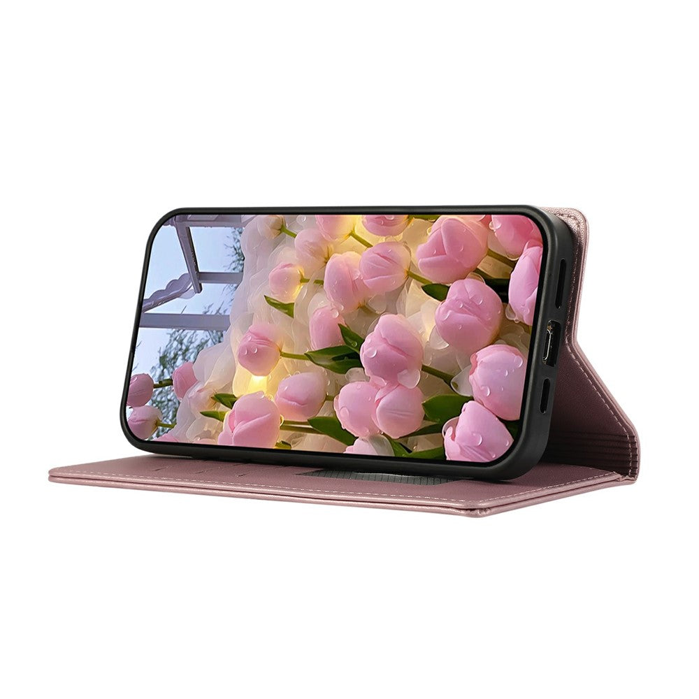 For iPhone 17 Pro Max Case RFID Blocking Wallet Stand Rhombus Leather Phone Cover with Wrist Strap - Rose Gold