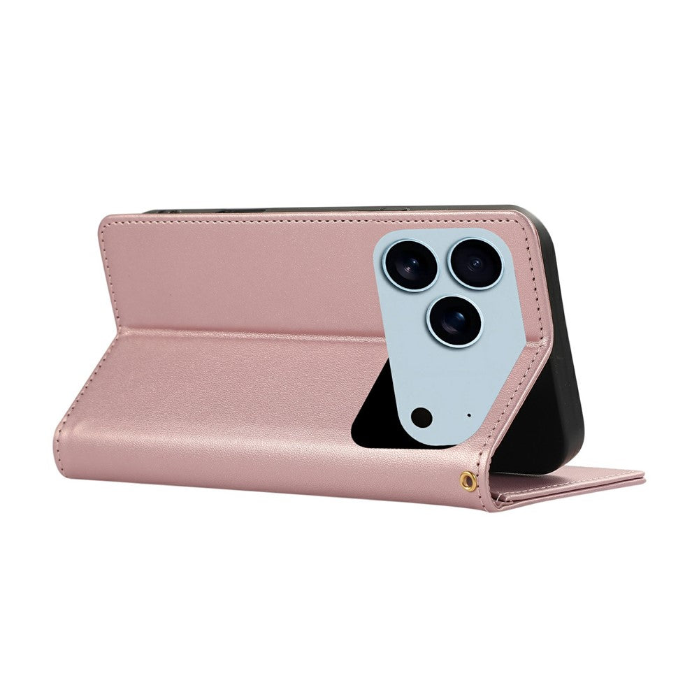 For iPhone 17 Pro Max Case RFID Blocking Wallet Stand Rhombus Leather Phone Cover with Wrist Strap - Rose Gold