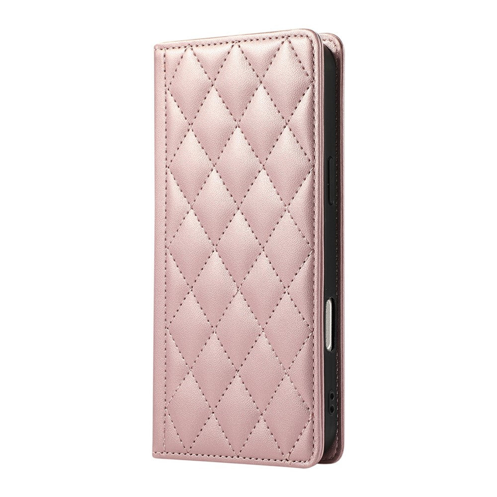 For iPhone 17 Pro Max Case RFID Blocking Wallet Stand Rhombus Leather Phone Cover with Wrist Strap - Rose Gold