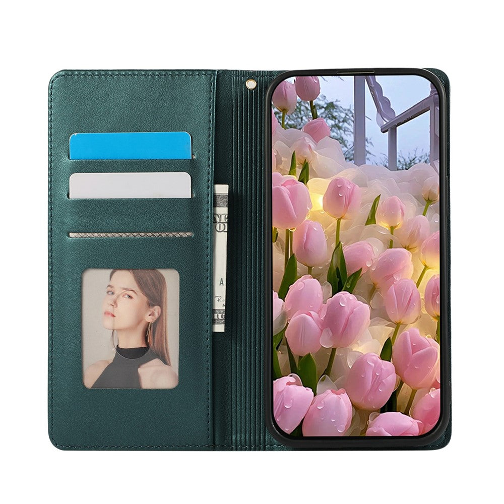 For iPhone 17 Pro Max Case RFID Blocking Wallet Stand Rhombus Leather Phone Cover with Wrist Strap - Green