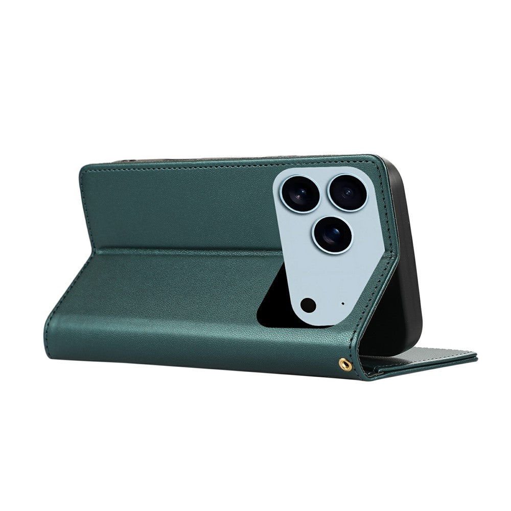 For iPhone 17 Pro Max Case RFID Blocking Wallet Stand Rhombus Leather Phone Cover with Wrist Strap - Green