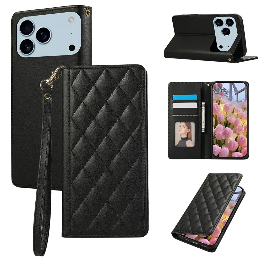 For iPhone 17 Pro Max Case RFID Blocking Wallet Stand Rhombus Leather Phone Cover with Wrist Strap - Black