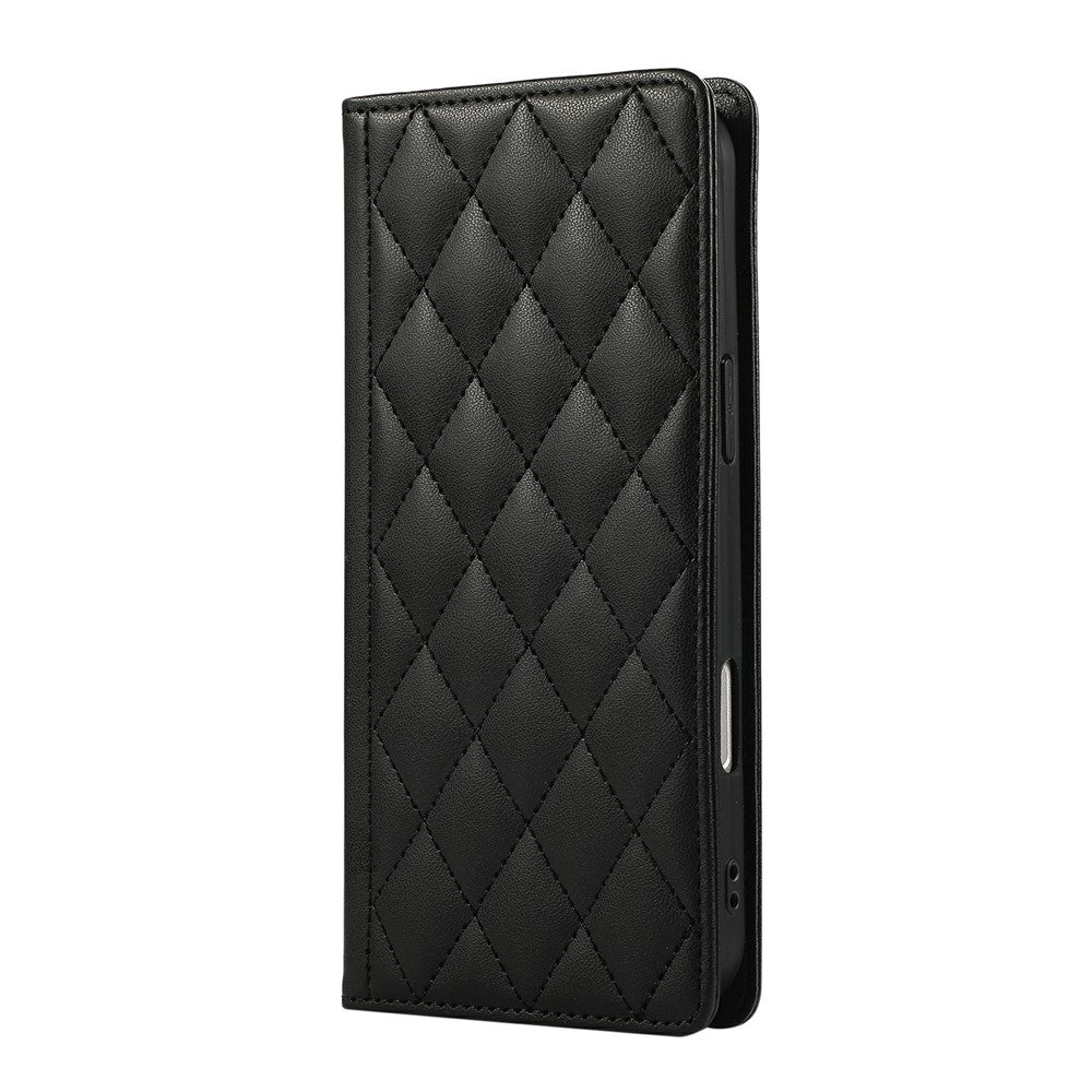 For iPhone 17 Pro Max Case RFID Blocking Wallet Stand Rhombus Leather Phone Cover with Wrist Strap - Black