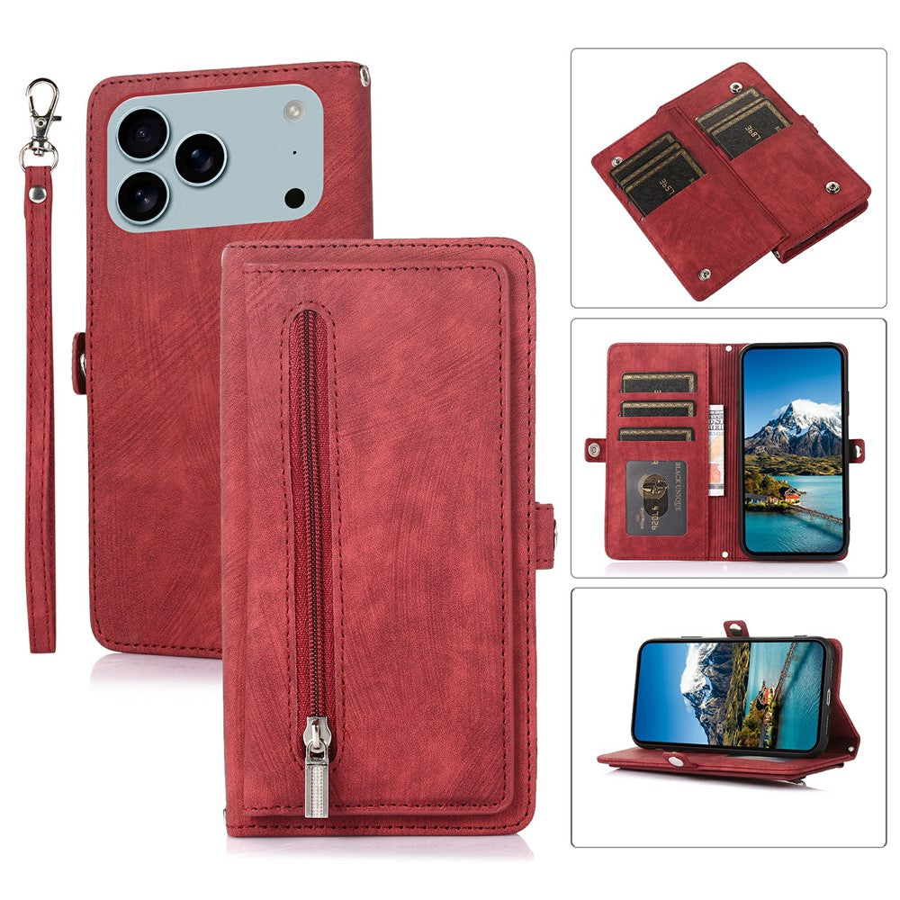 For iPhone 17 Pro Max Case Zipper Pocket 9 Card Slots PU Leather Phone Cover with Wrist Strap - Red