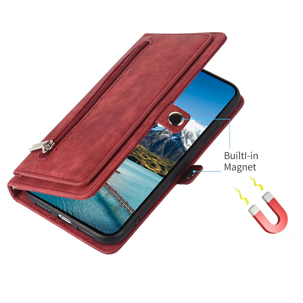 For iPhone 17 Pro Max Case Zipper Pocket 9 Card Slots PU Leather Phone Cover with Wrist Strap - Red
