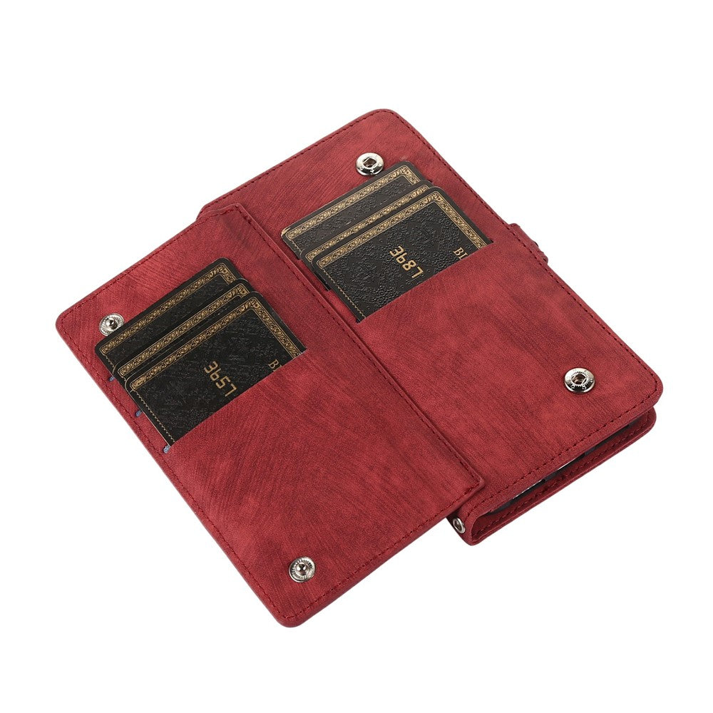 For iPhone 17 Pro Max Case Zipper Pocket 9 Card Slots PU Leather Phone Cover with Wrist Strap - Red