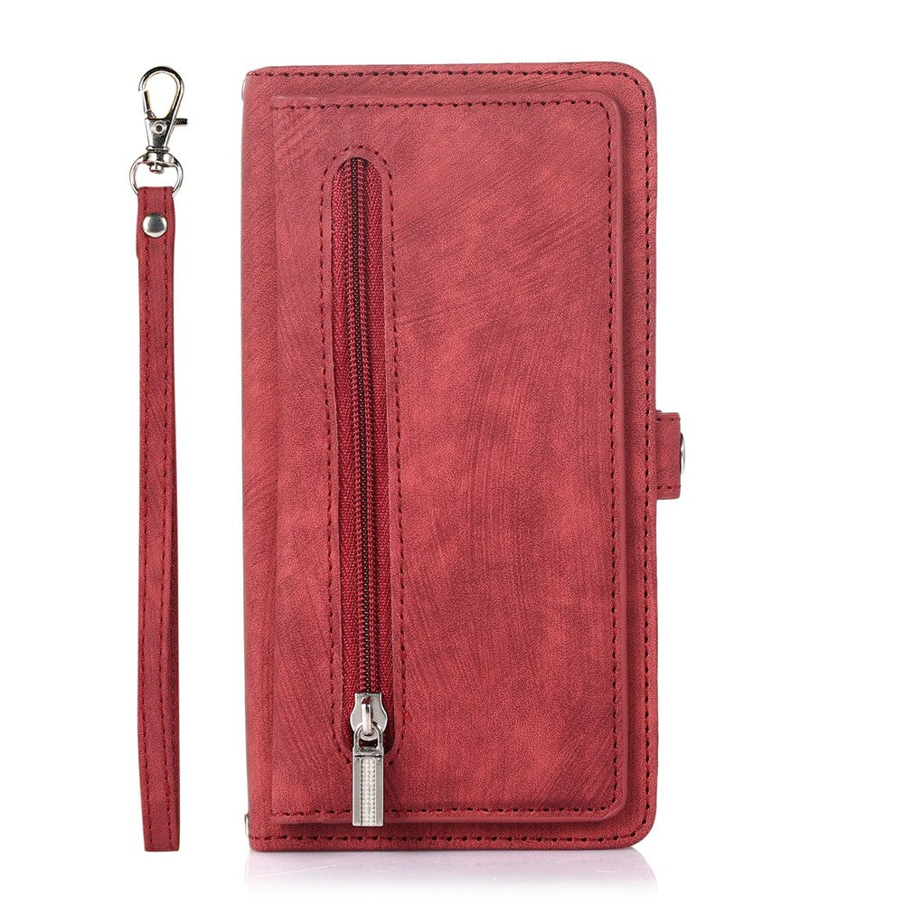 For iPhone 17 Pro Max Case Zipper Pocket 9 Card Slots PU Leather Phone Cover with Wrist Strap - Red