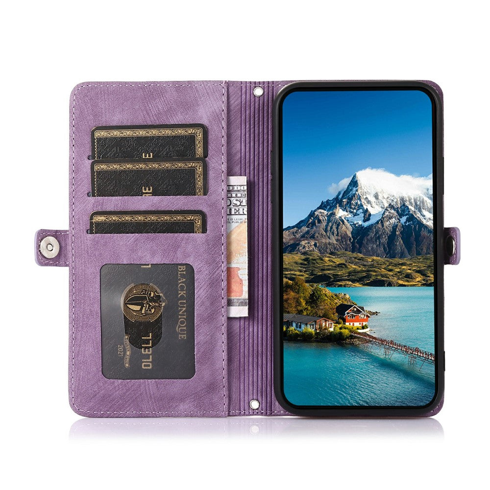 For iPhone 17 Pro Max Case Zipper Pocket 9 Card Slots PU Leather Phone Cover with Wrist Strap - Purple