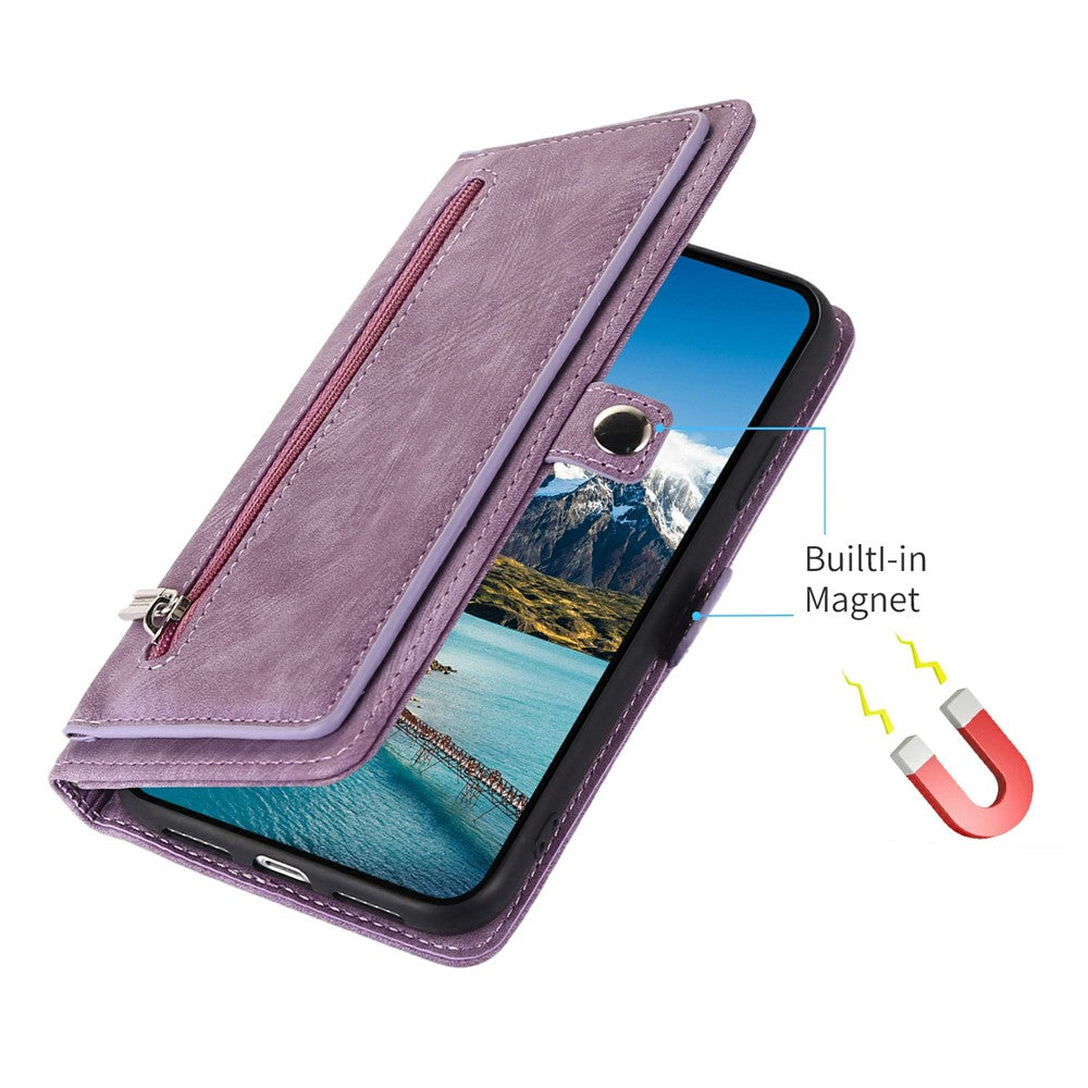 For iPhone 17 Pro Max Case Zipper Pocket 9 Card Slots PU Leather Phone Cover with Wrist Strap - Purple