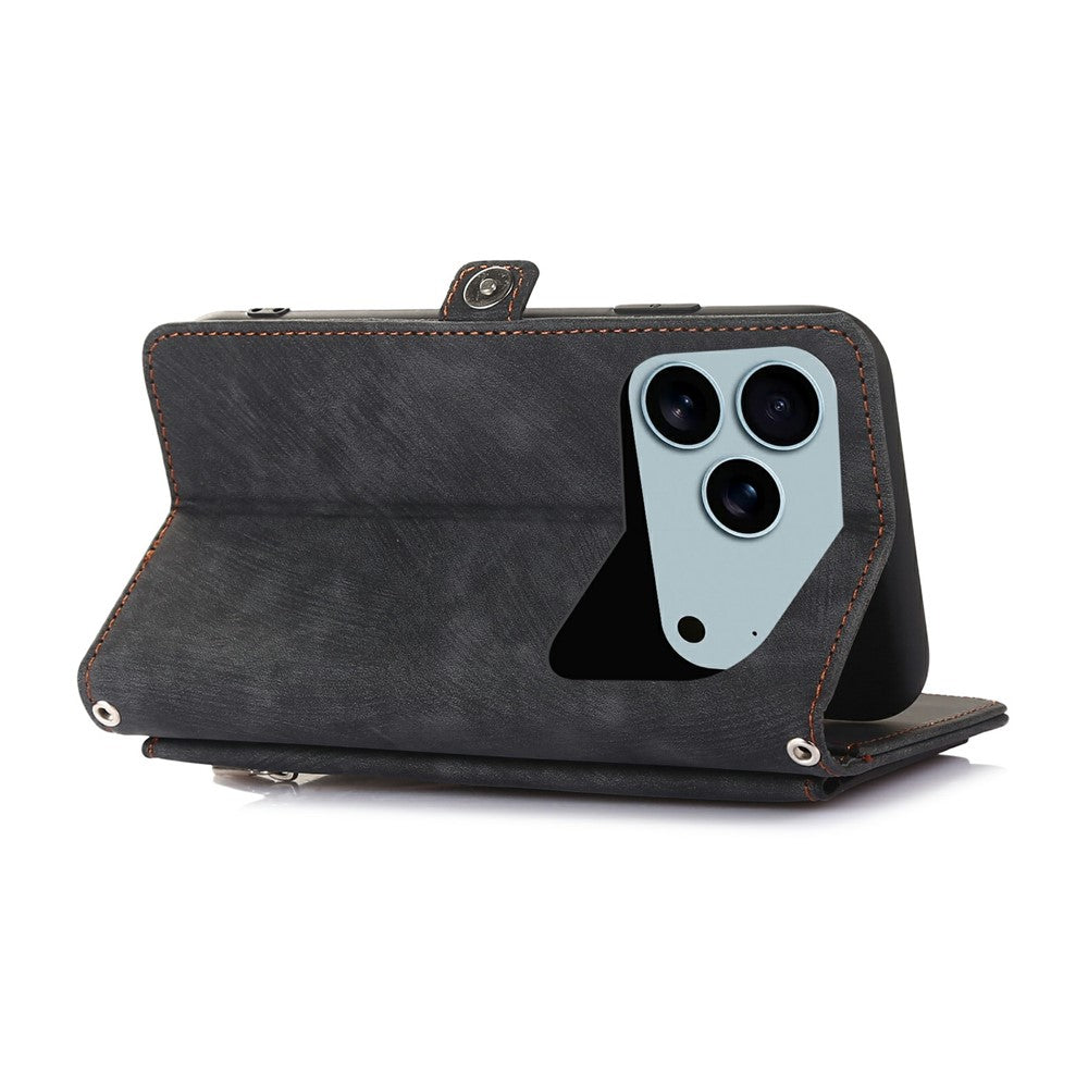 For iPhone 17 Pro Max Case Zipper Pocket 9 Card Slots PU Leather Phone Cover with Wrist Strap - Black