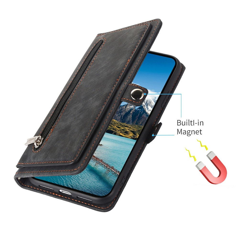 For iPhone 17 Pro Max Case Zipper Pocket 9 Card Slots PU Leather Phone Cover with Wrist Strap - Black