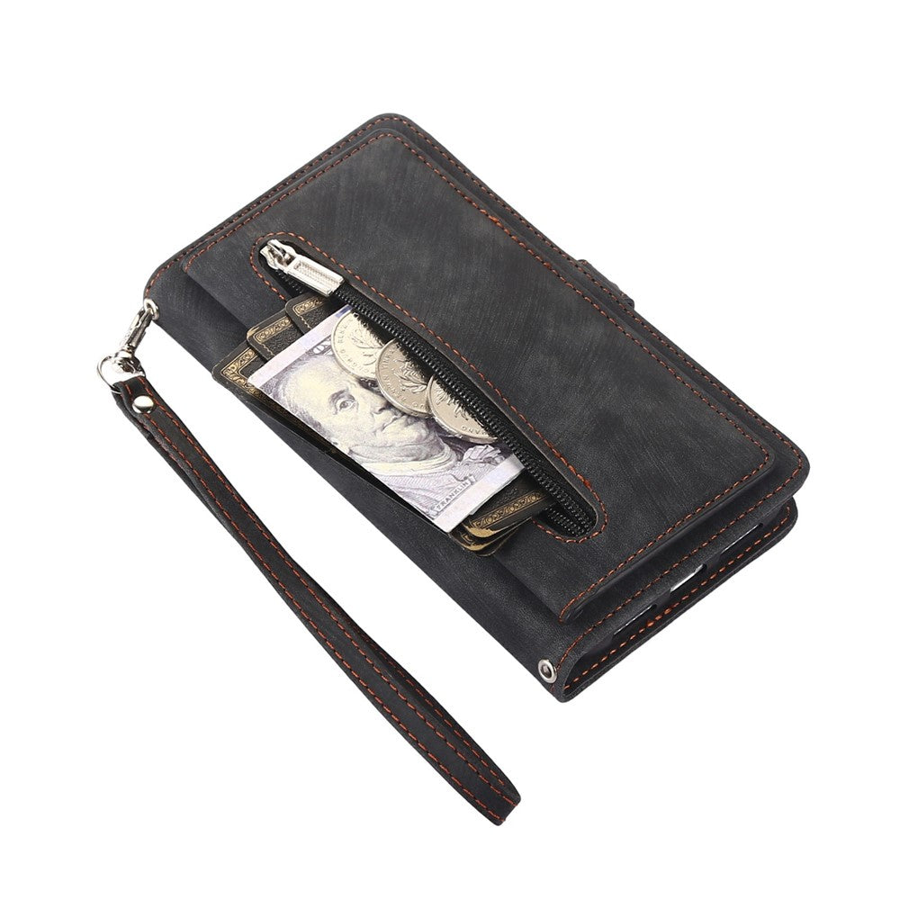 For iPhone 17 Pro Max Case Zipper Pocket 9 Card Slots PU Leather Phone Cover with Wrist Strap - Black
