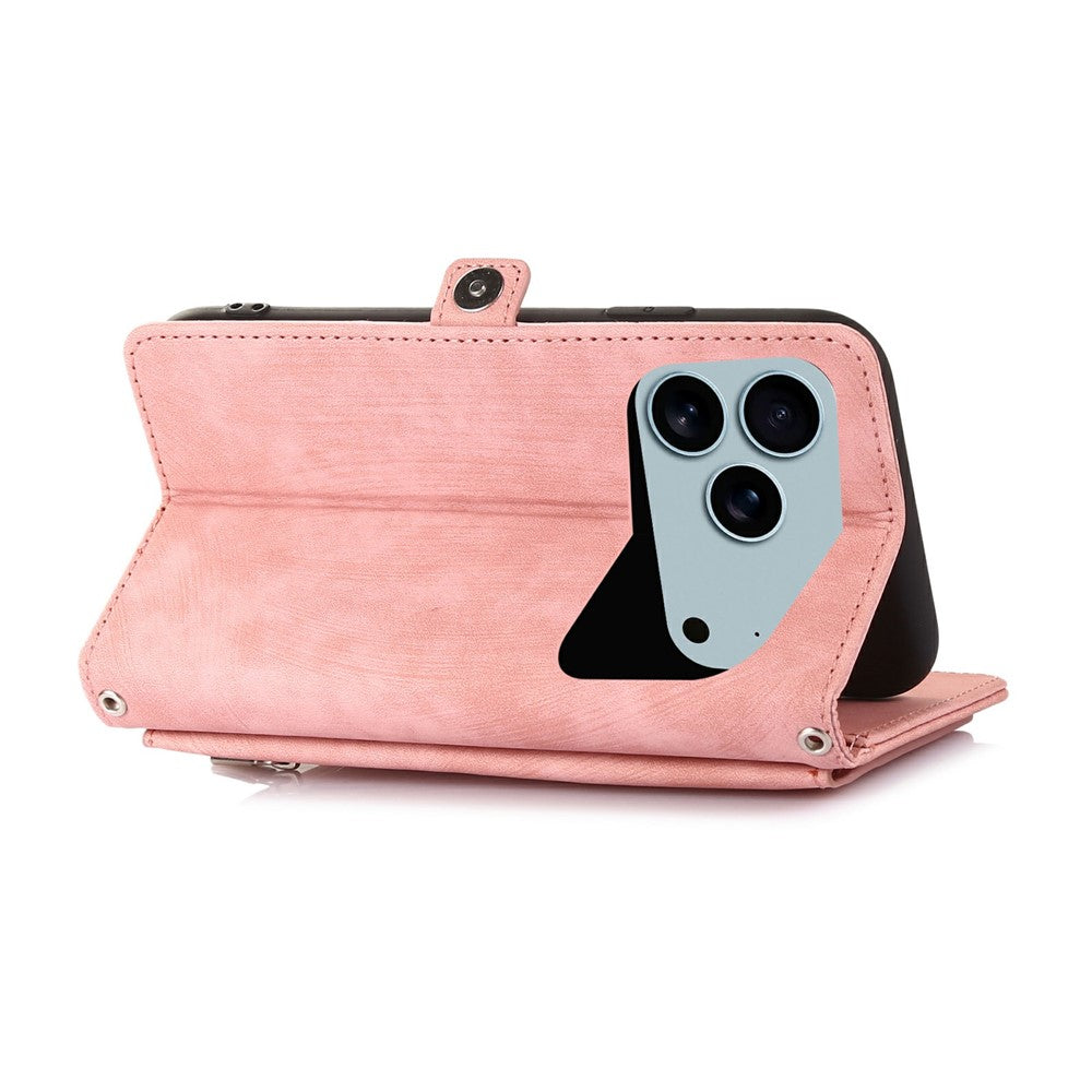 For iPhone 17 Pro Max Case Zipper Pocket 9 Card Slots PU Leather Phone Cover with Wrist Strap - Rose Gold