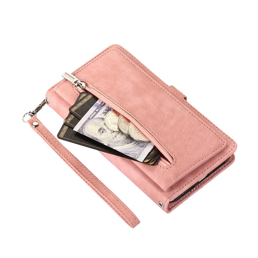For iPhone 17 Pro Max Case Zipper Pocket 9 Card Slots PU Leather Phone Cover with Wrist Strap - Rose Gold