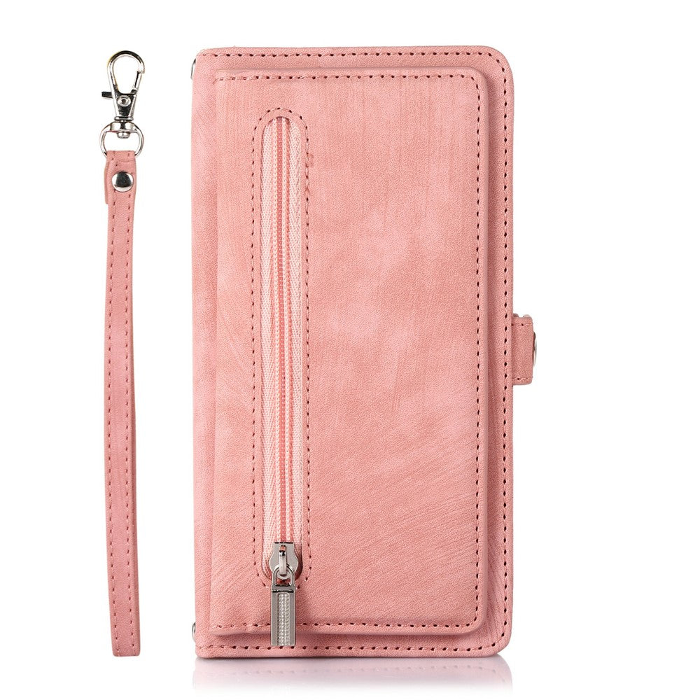 For iPhone 17 Pro Max Case Zipper Pocket 9 Card Slots PU Leather Phone Cover with Wrist Strap - Rose Gold