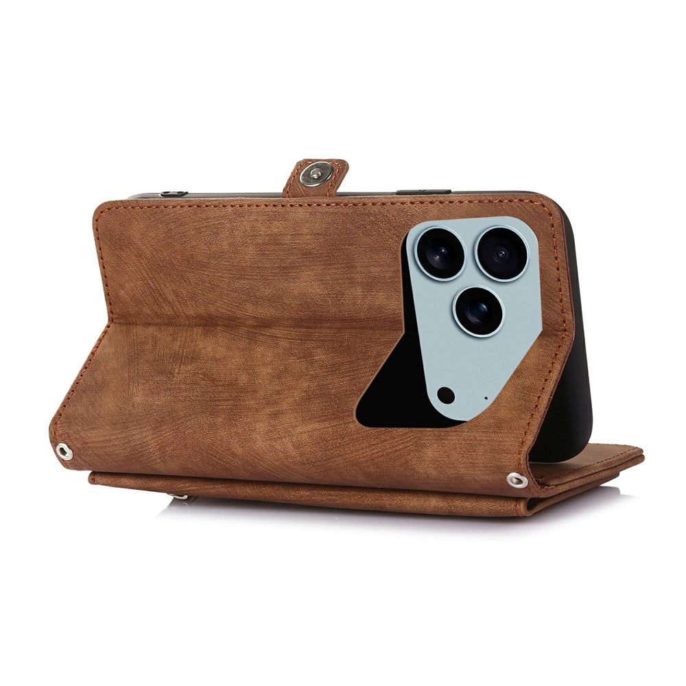 For iPhone 17 Pro Max Case Zipper Pocket 9 Card Slots PU Leather Phone Cover with Wrist Strap - Brown