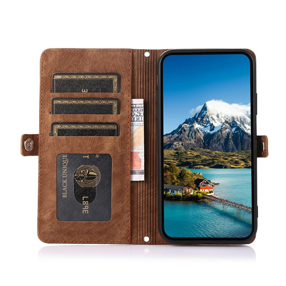 For iPhone 17 Pro Max Case Zipper Pocket 9 Card Slots PU Leather Phone Cover with Wrist Strap - Brown