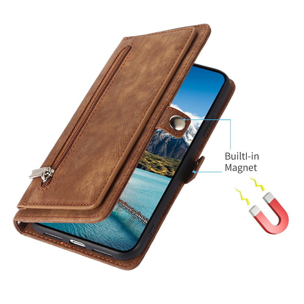 For iPhone 17 Pro Max Case Zipper Pocket 9 Card Slots PU Leather Phone Cover with Wrist Strap - Brown