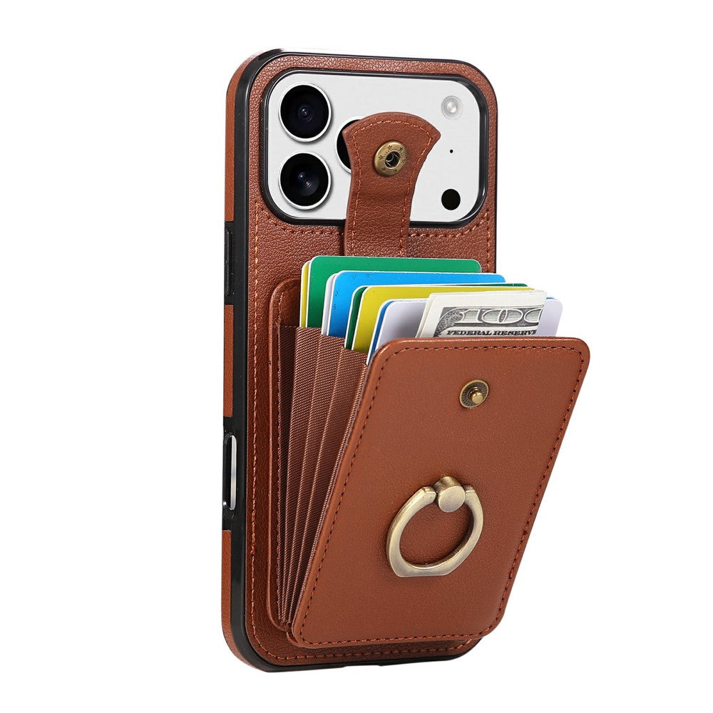 For iPhone 17 Pro Max Case Card Holder Ring Kickstand TPU + PU Leather Phone Cover with Long Strap - Brown