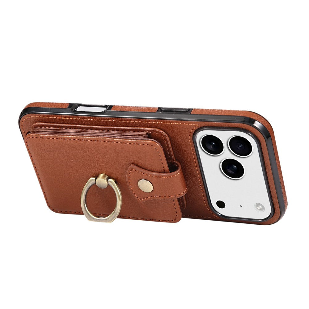 For iPhone 17 Pro Max Case Card Holder Ring Kickstand TPU + PU Leather Phone Cover with Long Strap - Brown