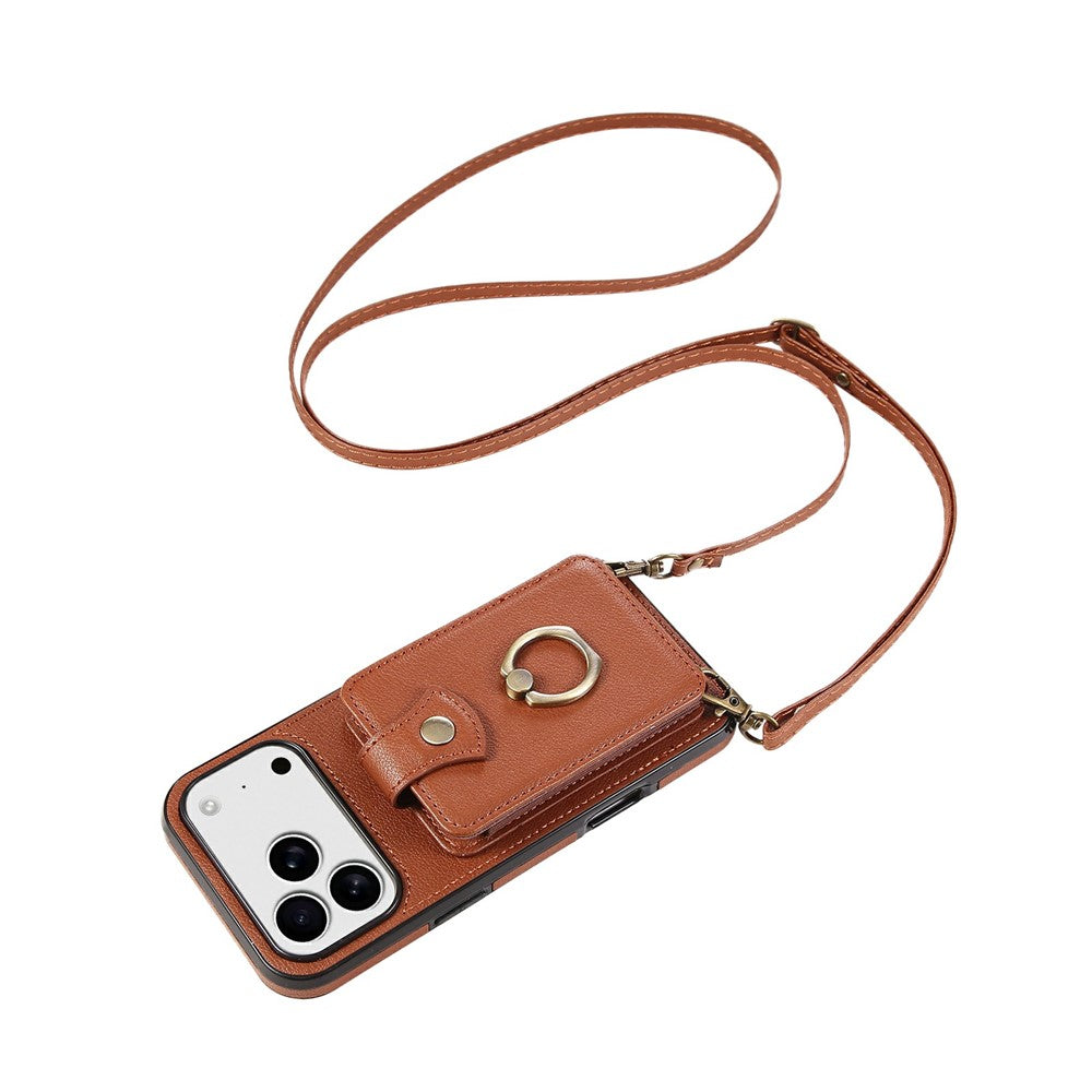 For iPhone 17 Pro Max Case Card Holder Ring Kickstand TPU + PU Leather Phone Cover with Long Strap - Brown