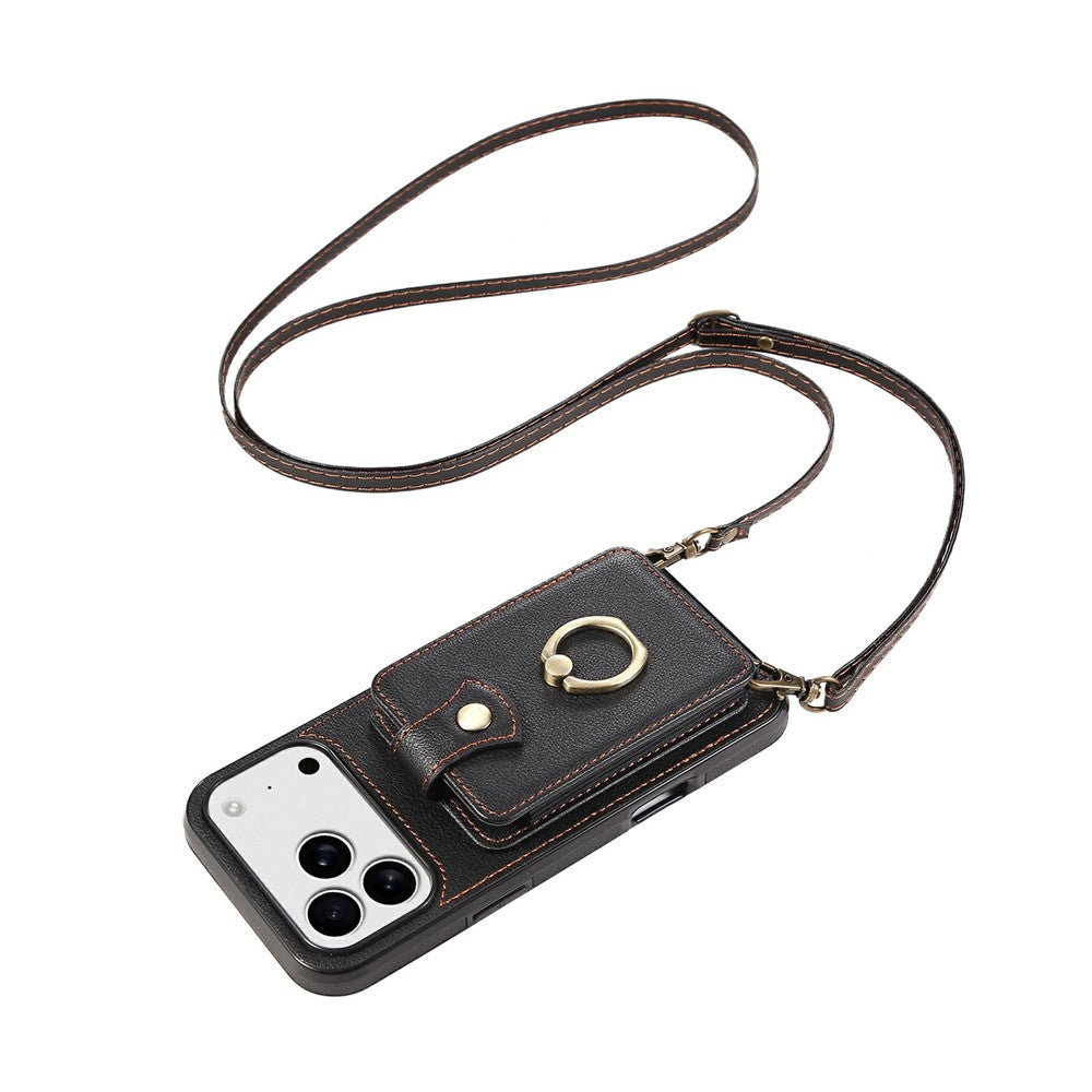 For iPhone 17 Pro Max Case Card Holder Ring Kickstand TPU + PU Leather Phone Cover with Long Strap - Black