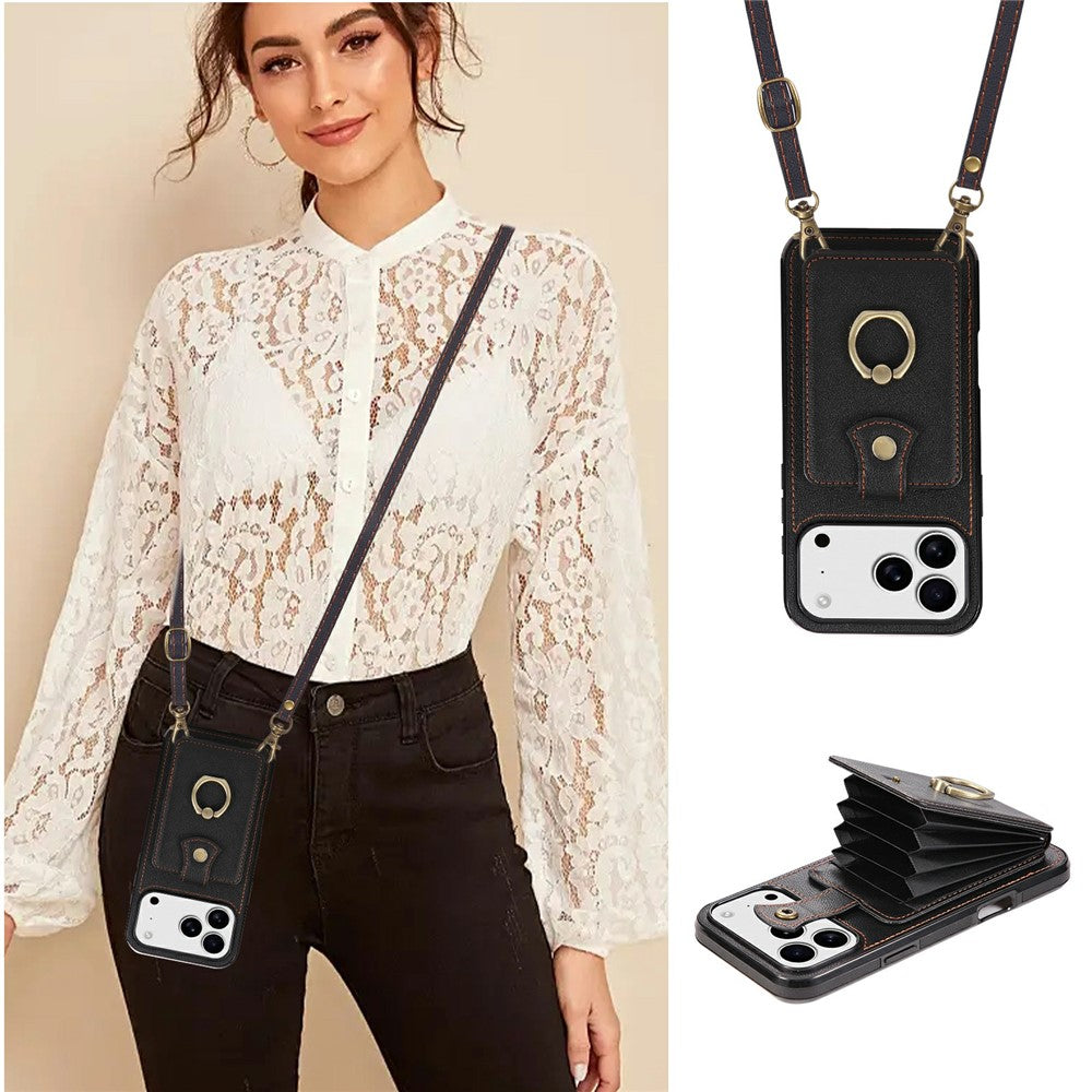 For iPhone 17 Pro Max Case Card Holder Ring Kickstand TPU + PU Leather Phone Cover with Long Strap - Black