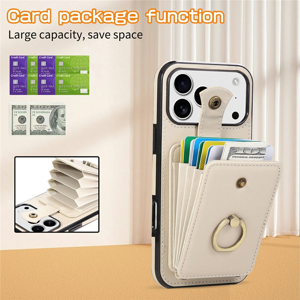 For iPhone 17 Pro Max Case Card Holder Ring Kickstand TPU + PU Leather Phone Cover with Long Strap - Beige