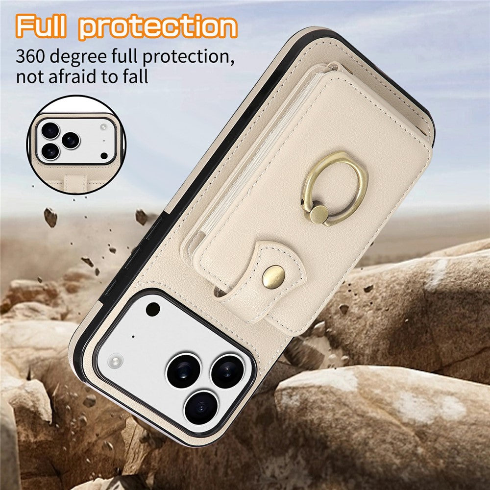 For iPhone 17 Pro Max Case Card Holder Ring Kickstand TPU + PU Leather Phone Cover with Long Strap - Beige