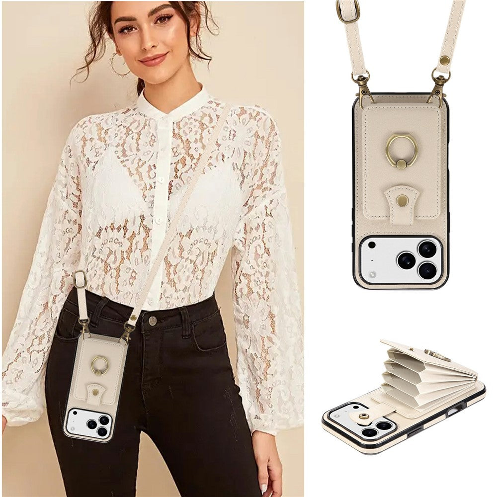 For iPhone 17 Pro Max Case Card Holder Ring Kickstand TPU + PU Leather Phone Cover with Long Strap - Beige