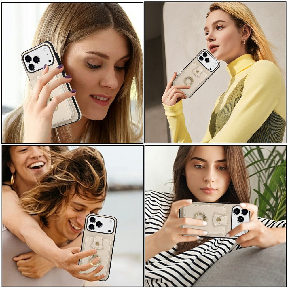 For iPhone 17 Pro Max Case Card Holder Ring Kickstand TPU + PU Leather Phone Cover with Long Strap - Beige