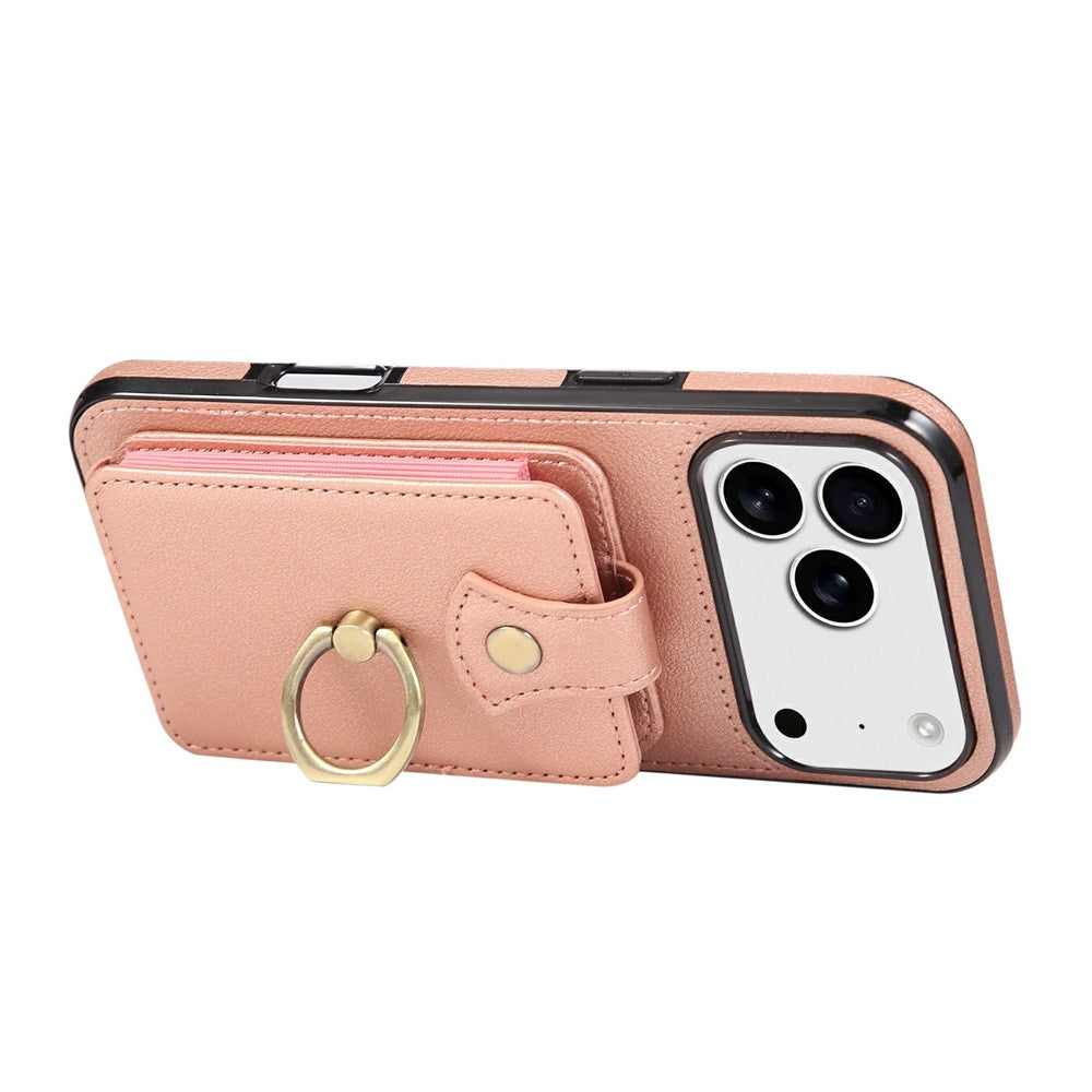 For iPhone 17 Pro Max Case Card Holder Ring Kickstand TPU + PU Leather Phone Cover with Long Strap - Rose Gold