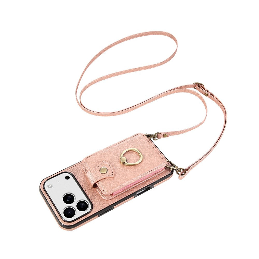 For iPhone 17 Pro Max Case Card Holder Ring Kickstand TPU + PU Leather Phone Cover with Long Strap - Rose Gold